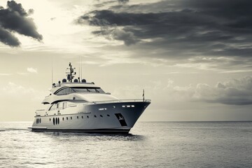Obraz premium A monochrome image of a luxury yacht sailing on calm water under a cloudy sky during the daytime