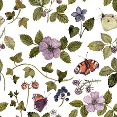 seamless pattern with forest flowers and butterflies, watercolor drawing wild plants at white background, ,floral elements, hand drawn botanical illustration