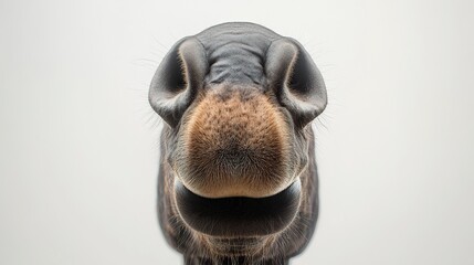 Fototapeta premium A humorous portrait of a horseâ€™s big nose taking center stage, its eyes peeking from behind, with soft lighting highlighting the texture, crisp white background 