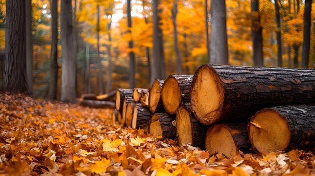 Autumnal Forest Scene: Stacked Logs in a Golden Canopy