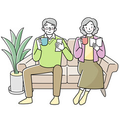 ソファーでくつろぐシニア夫婦