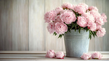 A serene arrangement of pink peonies in a rustic bucket, ideal for spring decor, wedding invitations, or romantic events with a soft pastel aesthetic.