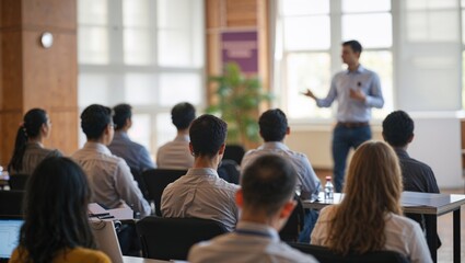 Male speaker giving presentation in hall at university education workshop. Audience or conference hall. Rear view of unrecognized participants in audience. Scientific conference event, training