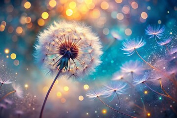 Fototapeta premium Surreal Dandelion Seeds Floating in Air - Copy Space Stock Photo
