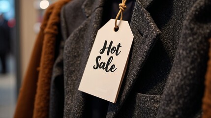Stylish clothing on display with a tag indicating a hot sale in a bustling retail store during the autumn season