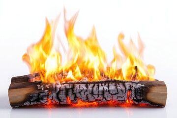 Close up of a burning log with bright yellow and orange flames against a white background