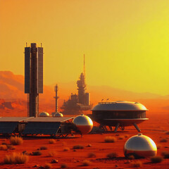 Obraz premium Futuristic Mars base with sleek solar panels, warm colors, and towering structures