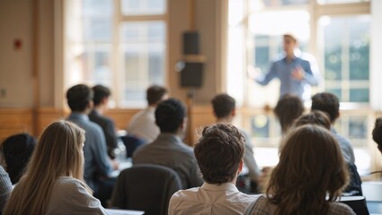 Fototapeta premium Male speaker giving presentation in hall at university education workshop. Audience or conference hall. Rear view of unrecognized participants in audience. Scientific conference event, training