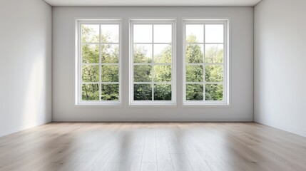 Fototapeta premium Bright empty room with three windows and wooden floor. Concept of real estate, interior design, and home improvement.