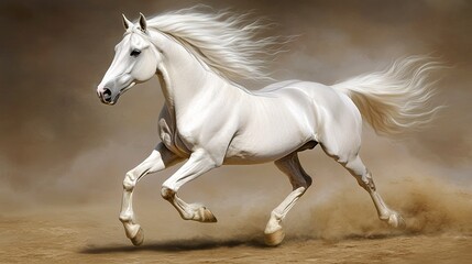 Naklejka premium A majestic white horse gallops gracefully, its flowing mane and tail illuminated by soft light, captured mid-stride against a blurred background 