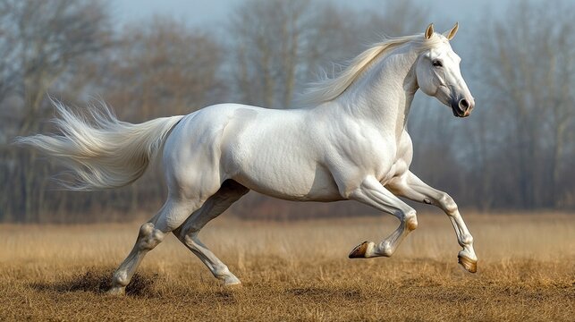 A majestic white horse gallops gracefully, its flowing mane and tail illuminated by soft light, captured mid-stride against a blurred background 