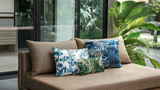 Stylish modern sofa with patterned cushions in a tropical home