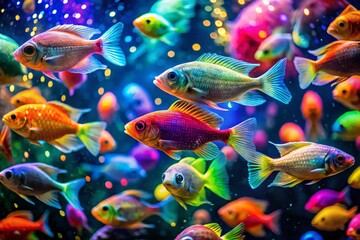 Fototapeta premium Surreal Multicolored Tropical Fish Aquarium Pool: Vibrant Underwater Fantasy