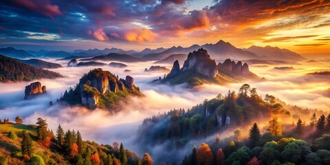 Naklejka premium Surreal Mountain Landscape, Lika, Croatia: Dreamlike Peaks and Misty Valleys