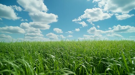 Fototapeta premium A peaceful field of lush green grass, stretching under a clear blue sky with scattered white clouds, the breeze gently rustling the blades 