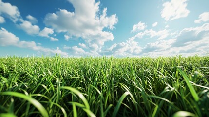 Fototapeta premium A peaceful field of lush green grass, stretching under a clear blue sky with scattered white clouds, the breeze gently rustling the blades 