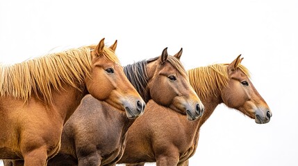 Fototapeta premium A peaceful image of wild horses standing side by side as they graze, their strong, muscular bodies well-defined against a seamless white background, 