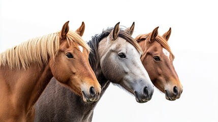 A peaceful image of wild horses standing side by side as they graze, their strong, muscular bodies well-defined against a seamless white background,  