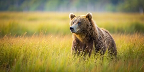 Fototapeta premium Minimalist Brown Bear in Grassland - Wildlife Photography, Nature Image, Bear in Field, Simple Background, Brown Bear Portrait