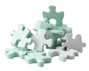 Obraz premium Glossy 3D Puzzle Pieces in Soft Pastel Green and White On Isolated White Background