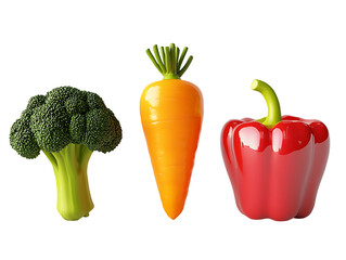 Glossy 3D Broccoli, Carrot, and Red Bell Pepper - Fresh Vegetables On Isolated White Background