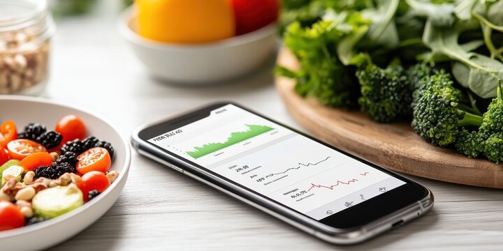 Healthy meal preparation concept with smartphone tracking home kitchen food photography natural light