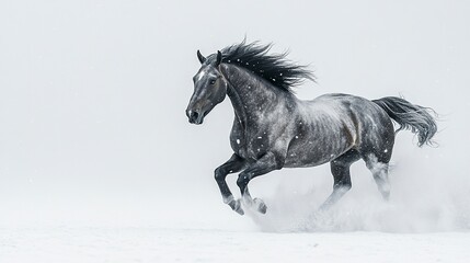 Obraz premium A powerful bay horse gallops mid-stride, muscles flexed, its flowing mane and tail contrasting against a pure white background 