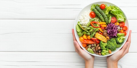 Healthy eating concept fresh salad bowl kitchen food photography bright environment top view