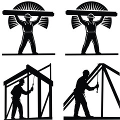 construction worker with hammer, Builder with Toolbox Walking on Site, Excavator and Construction Workers at Work