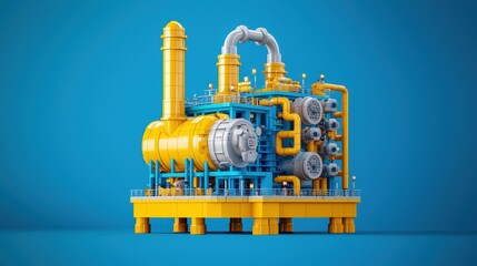 Fototapeta premium Oil refinery plant model in yellow and blue. Concept of industrial production, energy, and manufacturing.