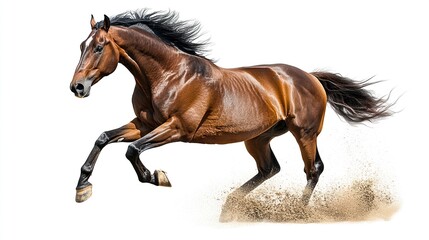 Naklejka premium A powerful bay horse races forward, its eyes focused, legs stretching in full stride, the white background isolating its speed and grace 