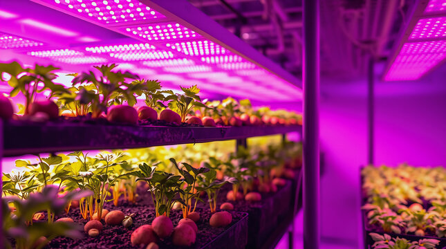 Hydroponic lab growing potatoes in Martian soil simulant under LED grow lights