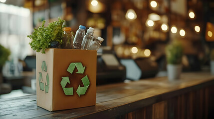 Recycling box on cafe counter, eco-friendly