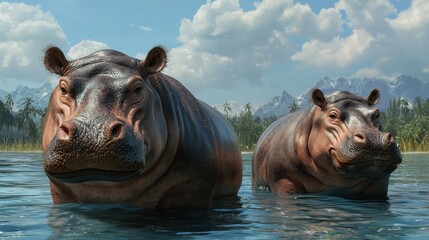 Fototapeta premium Two hippos in the water, with a scenic background of mountains and palm trees. Wildlife concept.