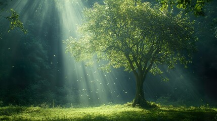 Obraz premium The sunlit forest features a single tree with light rays
