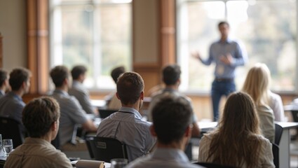 Obraz premium Male speaker giving presentation in hall at university education workshop. Audience or conference hall. Rear view of unrecognized participants in audience. Scientific conference event, training