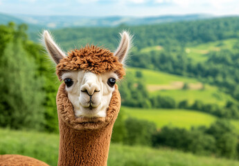 Obraz premium Adorable Alpaca Portrait in a Serene Green Field Captivating Alpaca Staring at the Viewer