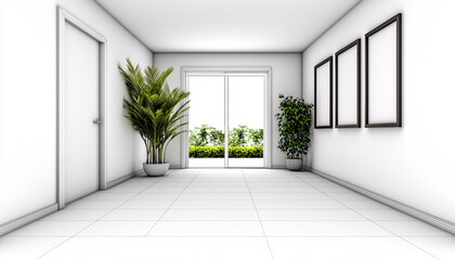 Fototapeta premium Bright White Minimalist Interior With Potted Plants and Wall Art in a Modern Design Space