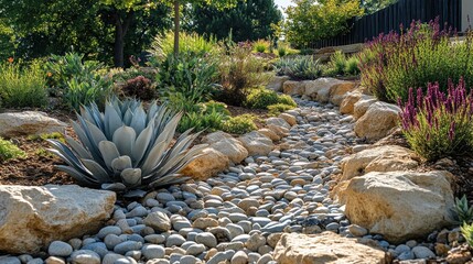 Serene Garden Dry Creek Bed Landscape Design with  Agave Plant and Rocks