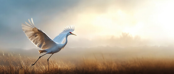 Elegant crane taking flight at sunrise in a misty field nature photography serene environment dramatic viewpoint