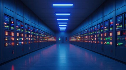 Obraz premium Server room with rows of computers and neon lights. Concept of data center, cloud computing, and information technology.