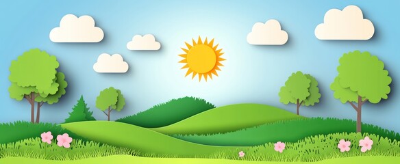 Obraz premium Paper cut art style depicts green landscape with sun and clouds