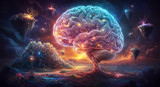 Glowing Brain Tree in Surreal Landscape at Sunset with Floating Islands