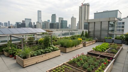 Fototapeta premium Urban rooftop garden with city skyline in the background.