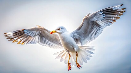 Obraz premium Surreal Seagull Flight: Motion Freeze Photography, White Background, Bird in Air, Artistic Avian Image