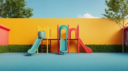 Colorful playground with slides and climbing structures against a yellow wall. Concept of childhood, recreation, and outdoor play.