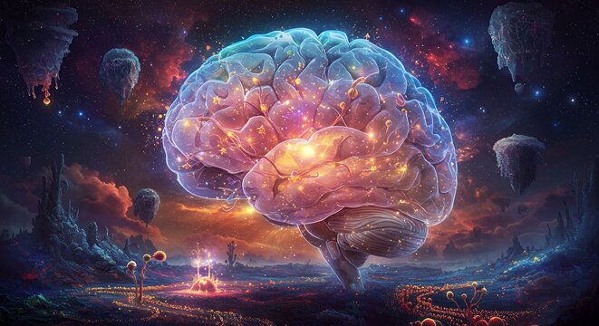 Glowing Human Brain Floating Above Fantasy Landscape with Starry Sky