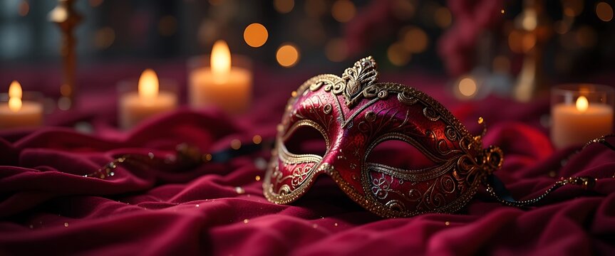 Elegant Venetian Mask on Red Fabric with Candles
