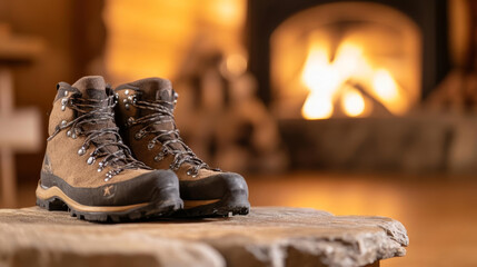 Stylish hiking boots on stone surface near cozy fireplace