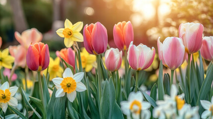 Bright tulips and daffodils bloom in vibrant spring garden at sunset